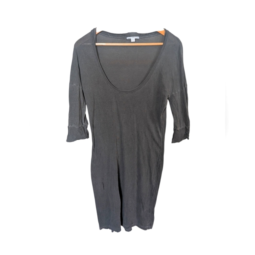 James Perse Standard Charcoal Distressed Scoop Neck Quarter Sleeve Fitted Dress